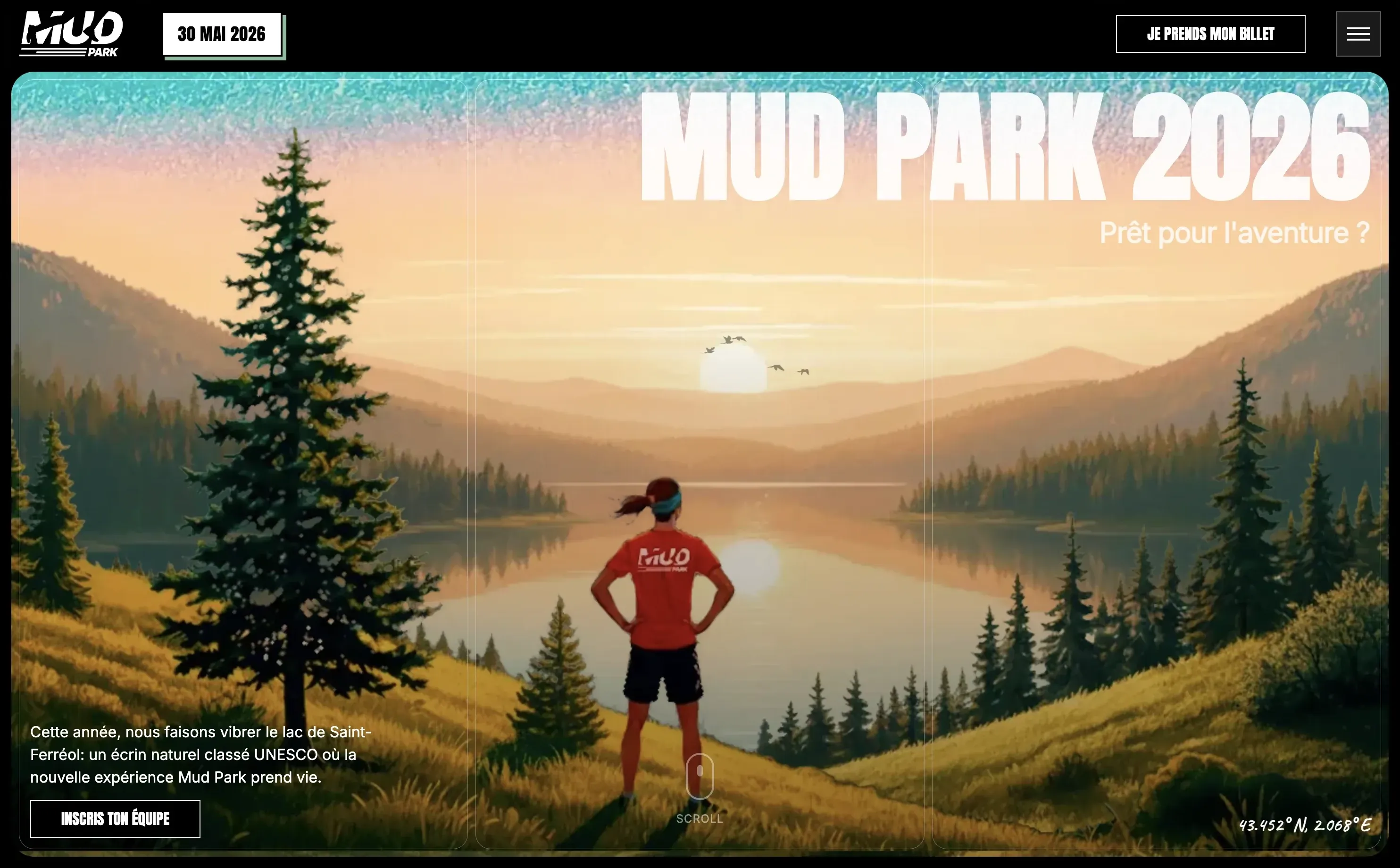 Accueil du site Mud Park 2026 : une coureuse illustrée face au lac de Saint-Ferréol au lever du soleil.
