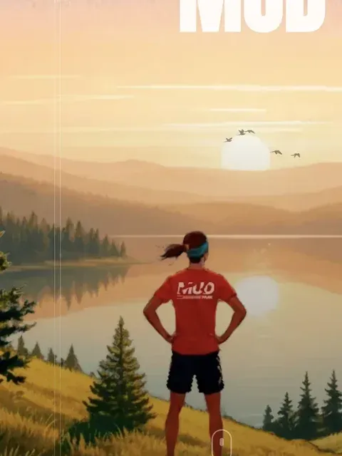 Mud Park : une coureuse illustrée face au lac au lever du soleil.